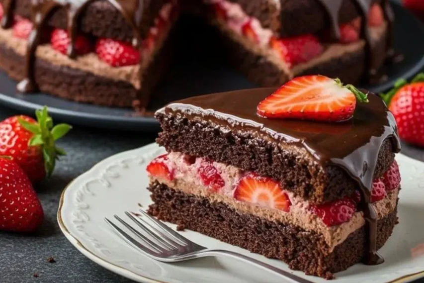 Bolo de chocolate recheado com morango e ganache